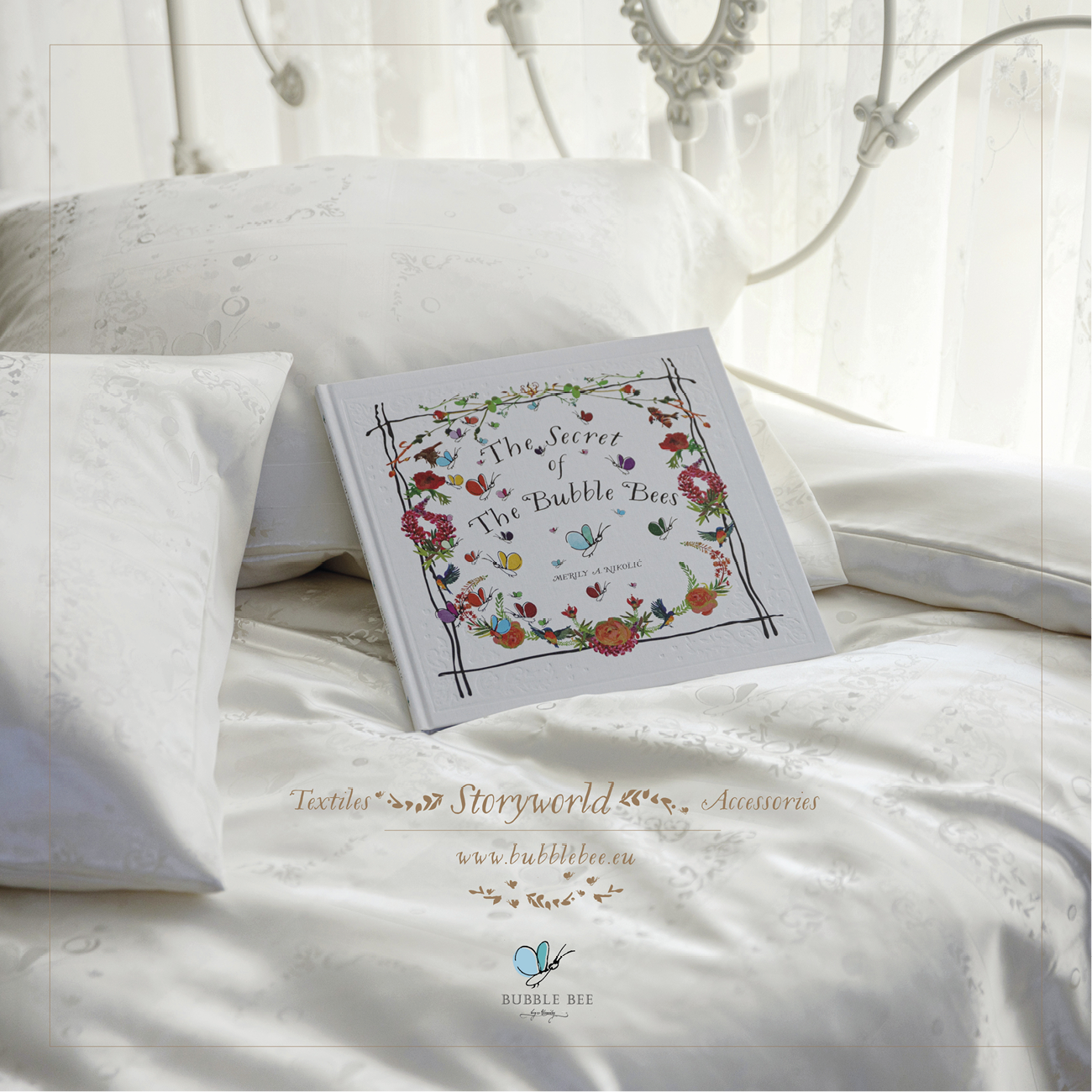 High End Children's Silk Bedding Set The Bubble Bee Silk Jacquard Nature with the fairy tale book "The Secret of The Bubble Bees" is exceptional gift for your precious child. Duvet cover, flat bed sheet, pillow case. All stitches finished with a french seams. Bespoke sizes
