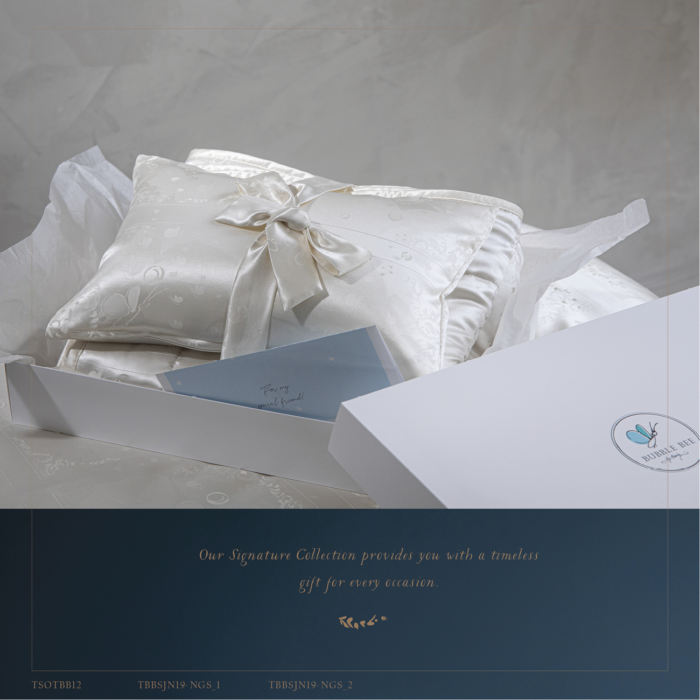 High End Silk Newborn Baby Shower Gift Set is exceptional gift for your precious child. Signature Collection Gift Set is exceptional gift for your precious child. Double-sided silk filled quilt measures 70/90/110 x 90/120/140 cm and decorative cuddle pillow measures 25 x 35 cm A light cover in summer months or a warm layer during the winter. Double-sided silk filled quilt: Filled with wild silk fleece 160g/m² Quilt cover: Bubble Bee Silk Jacquard Nature 100% Mulberry silk. Decorative Cuddle Pillow: Measures: 25 x 35 cm Filled with 100% polish white goose down Filling weight 85 g Pillow cover: Bubble Bee Silk Jacquard Naturel 100% Mulberry silk All stitches finished with a french seams