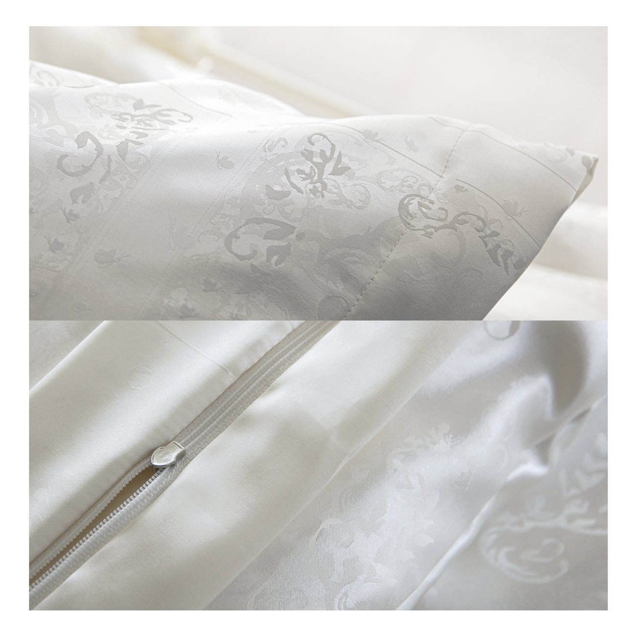 High End Silk Pillowcases The Bubble Bee Silk Jacquard Nature Pillowcase Measures: 40/50 x 60/60 cm Hotel closure/ Zipper closure Frontside: Bubble Bee Silk Jacquard Nature 100% Mulberry silk Backside: Bubble Bee Silk Nature 100% Mulberry silk All stitches finished with a french seams
