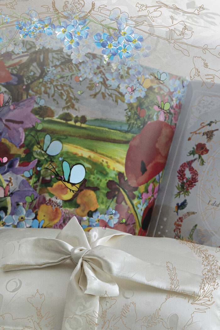 High End Toddler Silk Bedding Set The Bubble Bee Silk Jacquard Nature with the fairy tale book "The Secret of The Bubble Bees" is exceptional gift for your precious child. Duvet cover, flat bed sheet, pillow case. All stitches finished with a french seams. Bespoke sizes