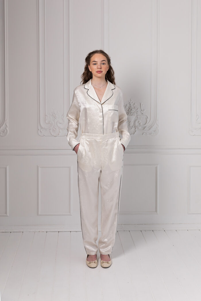 Black Piping Silk Loungwear Set_The Bubble Bee Signature Collection SS21 Classic Nature_front_hands in the pockets