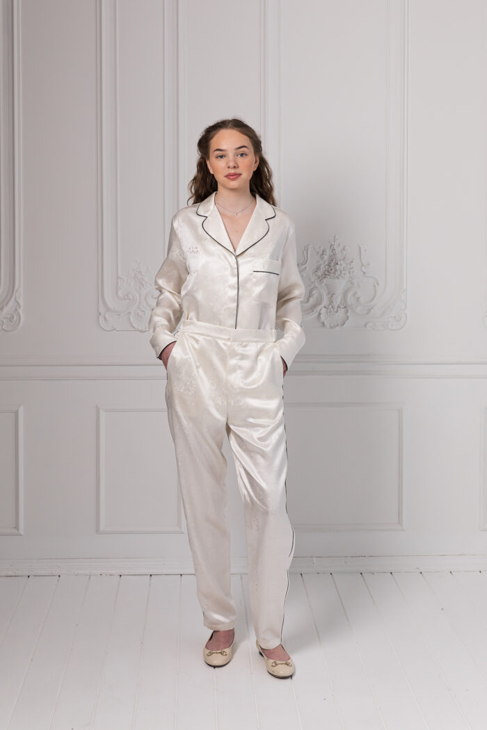Black Piping Silk Loungwear Set_The Bubble Bee Signature Collection SS21 Classic Nature_front_hands jn the pockets_2