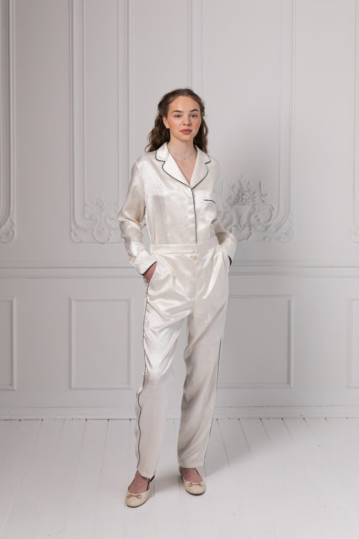 Black Piping Silk Loungwear Set_The Bubble Bee Signature Collection SS21 Classic Nature_front_hands jn the pockets_3